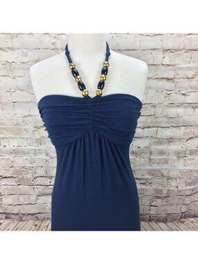 Susie Rose Womens Maxi Dress M Strapless Navy Blue w/ Gold Beads Halter Neck